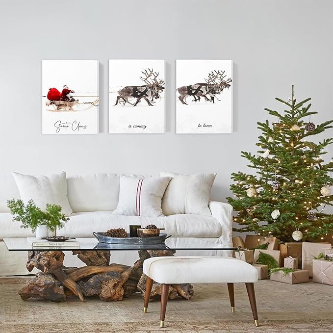 Framed Christmas Wall Art Set of 3,Santa Claus with Sleigh Canvas Art Prints,Christmas Wall Decor Living Room,Vintage Christmas Decor Santa Claus is Coming to Town Winter Wall Art Xmas Sign for Home Bedroom Bathroom Decoration,12"x16"