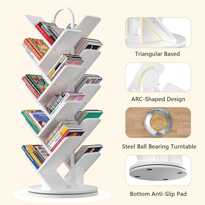 TVU 16-Tier Tree Rotating Bookshelf, 360 Degree Spinning Standing Bookcase for Magazines DVDs Books, Corner Bookcase for Living Room Bedroom Study, White