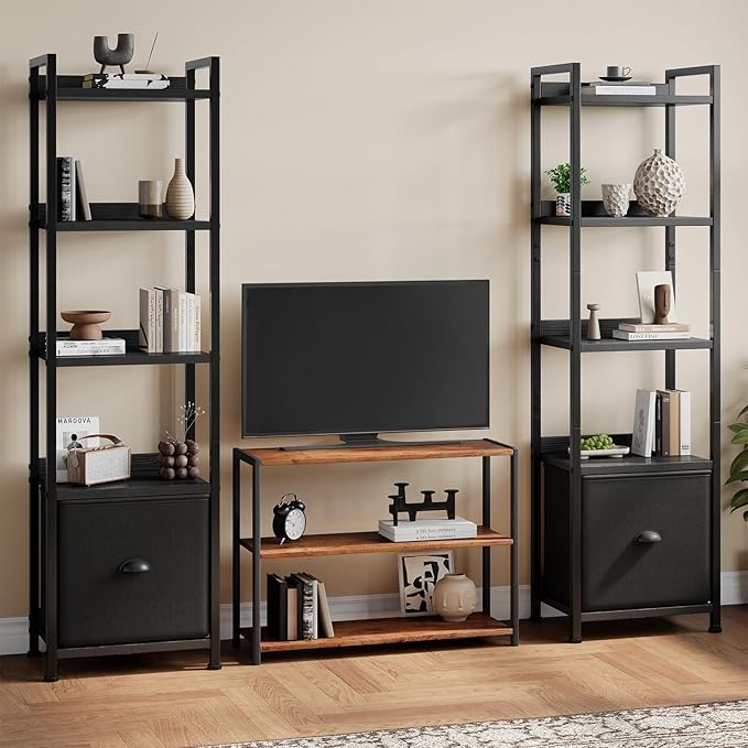 DUMOS 5 Tier Bookshelf, Bookcase with Fabric Drawer, Multi-Functional Display Standing Shelf for CDs/Books/Movies, Wood and Metal Storage Organizer in Bedroom, Living Room and Closet, Black