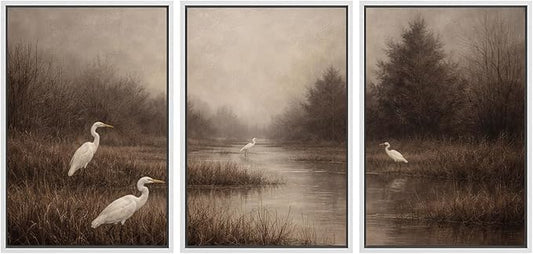 SIGNWIN Framed Canvas Print Wall Art Set Misty Marsh Herons Illustrations Decorative Relax/Calm Zen for Living Room, Bedroom, Office - 16"x24"x3 WHITE