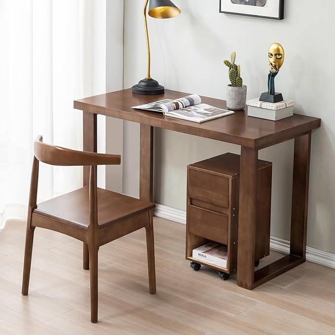 Solid Wood Desk, Wooden Computer Desk for Home Office, Gaming Study Desk for Small Spaces, Writing Work Desk for Bedroom,Easy Assembly (Walnut Color 47inch)