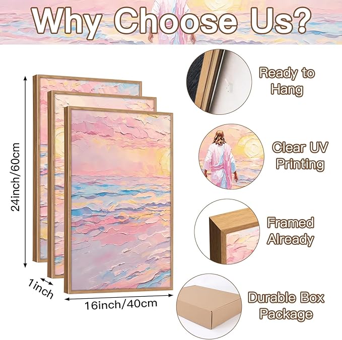 CHDITB Jesus Walking on Water Framed Canvas Wall Art(16"x24"), 3 Panels Colorful Abstract Christian Bible Story Faith LDS Artwork Prints, Large Religious Watercolor Boho Sunset Landscape Christ Gift Decor for Home Office Bedroom