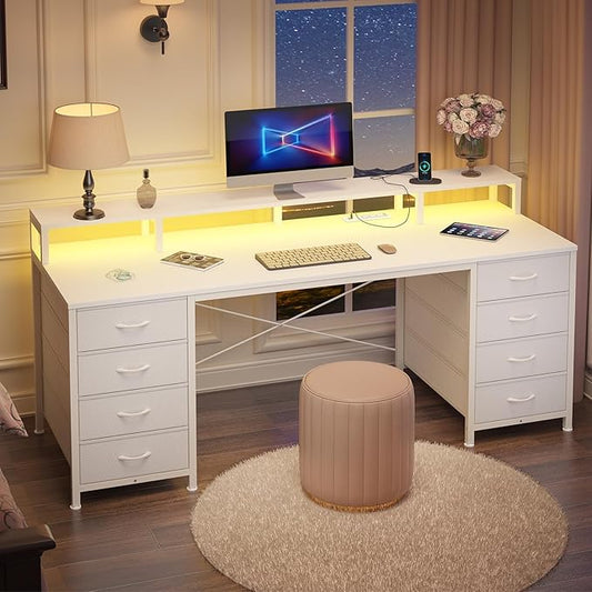 60 Inch Computer Desk with 8 Fabric Drawers, Gaming Desk with LED Lights & Power Outlets, Home Office Desk with Monitor Stand, White