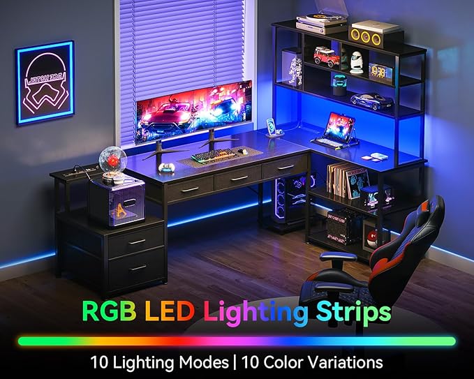 AODK 79 inch L Shaped Desk with 5 Drawers, Reversible L Shaped Gaming Desk with LED Light & 2 Power Outlets, Computer Desk with Storage Shelves for Home Office, Black