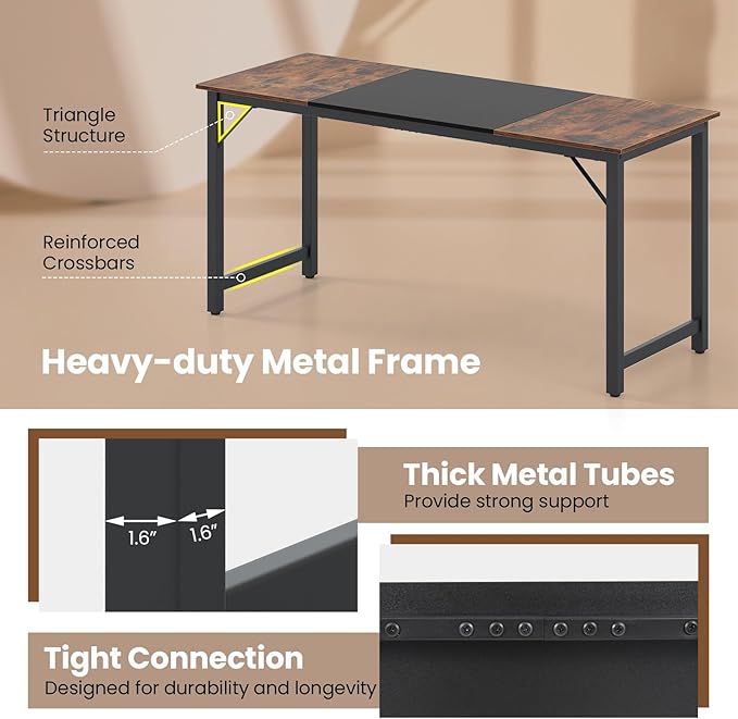 Giantex 63 Inch Computer Desk, Modern Simple Office Desk with Triangle Structure Metal Frame, Computer Workstations for Home Office, Study, Conference Room, Rustic Brown and Black