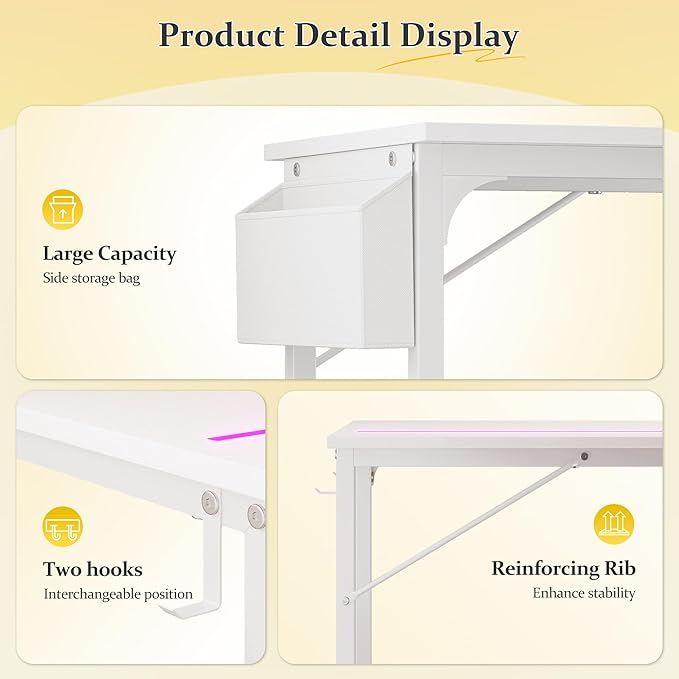 32 Inch White Computer Desk with LED Lights for Small Spaces, Office Desk for Home Office, Gaming Study Desk Writing Table with Storage Bag,Desk with Frame Headphone Hook