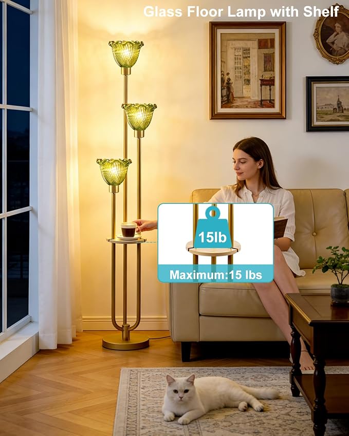 Lightdot Green Glass Floor Lamp for Living Room Dimmable Gold Floor Lamp with Glass Shade & 3000K Bulbs Included 3-Lights Modern Tall Standing Lamp for Bedroom/Sofa Beside/Corner Decor