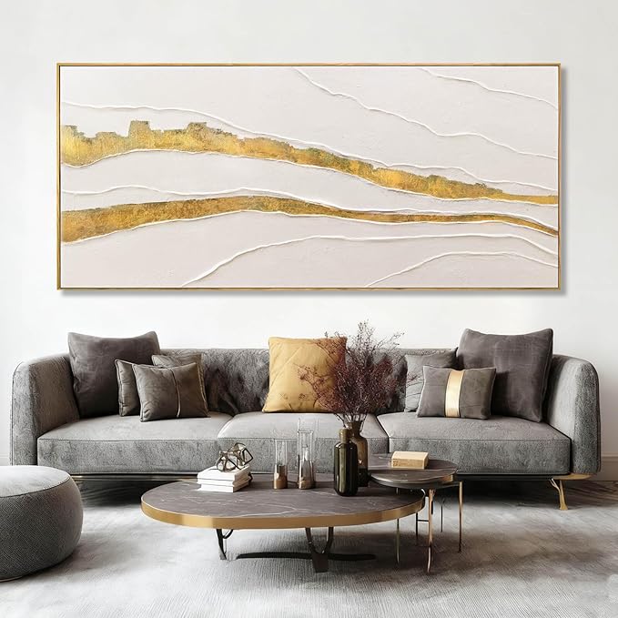 VAYIMDH White and Gold Oil Painting Wall Art Abstract Wall Decor Line Hanging Art 32"x70" Large Artwork for Living Room Decorative Pictures for Office