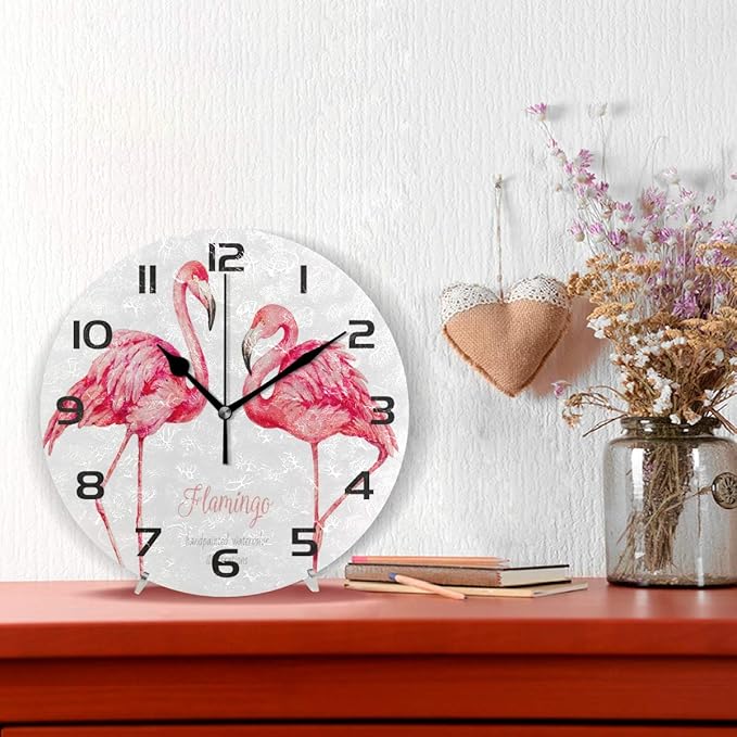 Qilmy Flamingo Wall Clock Non Ticking Silent Art Decorative Round Clock for Living Room Kitchen Bedroom Office School