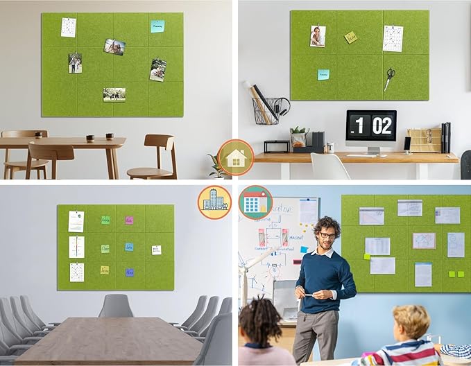 Felt Wall Tiles Bulletin Board Large Cork Board Alternative 12 Pack 11.81”x11.81”x0.47” Felt Pin Board Tack Board with Safe Removable Adhesive Tabs for Home Office School 48x36(Grass Green)
