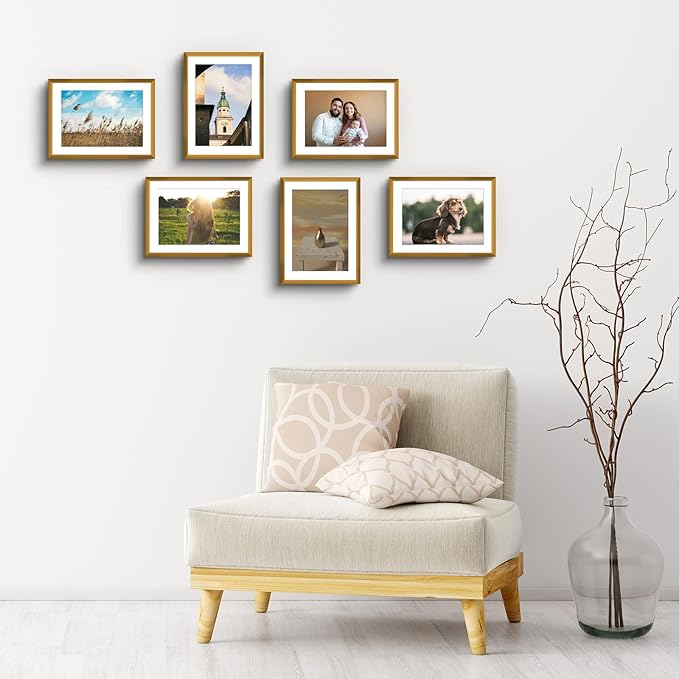 Golden State Art, Gallery Wall Frame Set of 6 - Bronze 6x8 Aluminum Photo Frames with Mat for 5x7 Pictures - 6 x 8 inch Metal Frame with Real Glass Cover - Elegant Home or Office Decor