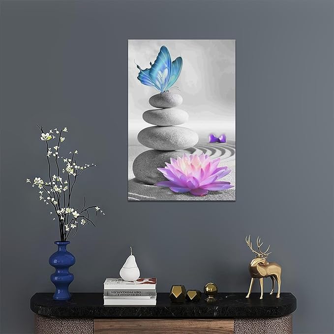 yerretin Stone Wall Art Zen Lotus Pictures Wall Decor Flower Canvas Spa Yoga Meditation Print Artwork Home Decorations for Living Room Bedroom Bathroom Office Framed 16"x24"