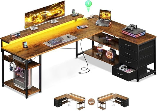 AODK 69" L Shaped Desk with Drawer, Computer Desk with Power Outlets & LED Lights, Reversible Corner Gaming Desks for Home Office Workstation, Office Table with Monitor Shelf, Vintage
