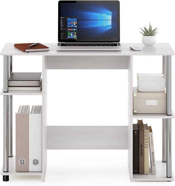 Furinno JAYA Desk, 38.4" Wide Gaming Desk, Computer Study Desk, Office Desk with Side Shelves, Open Storage, for Home Office, Bedroom, Dorm, Study Room, White Oak/Stainless Steel