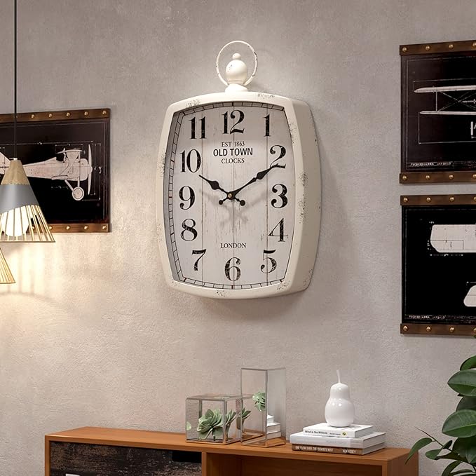 Menterry Large Retro Rectangle Wall Clock, White Antique Vintage Style, Battery Operated Silent Decor Wall Clocks for Living Room,Farmhouse,Kitchen,Office (15.5" H x 10.2" W)