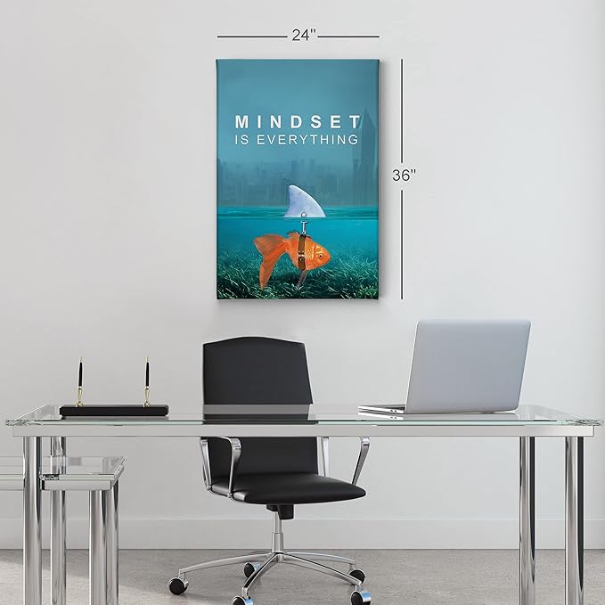 Smile Art Design Mindset is Everything Wall Art Canvas Print Goldfish Shark Entrepreneur Inspirational Motivational Quote Living Room Home Bedroom Office Decor Ready to Hang 12x8