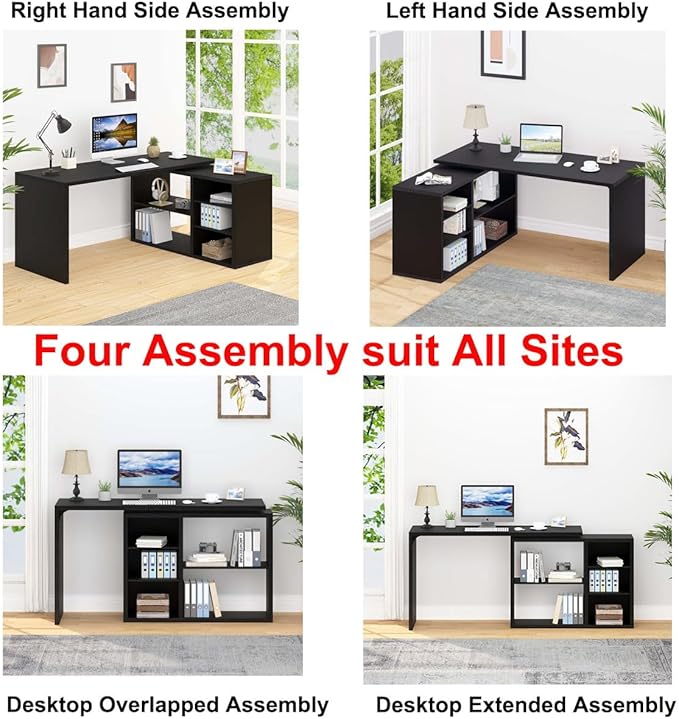HSH Black L Shaped Computer Desk, Corner Desk with Storage Cabinet Shelves, Reversible Industrial Wood Executive Workstation, L-Shaped Home Office Table for Work Study Writing Gaming, 55 Inch