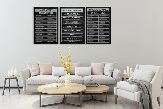40 Reasons to Workout 3 Pieces Inspirational Wall Art Canvas Print Office Decor Wooden Framed Prints Motivational Millionaire Mindset Quotes for Wall Art Home Decoration Ready to Hang[72''Wx 36''H]
