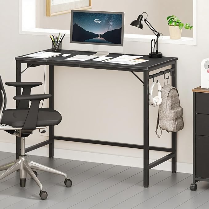 HOOBRO Computer Desk, Home Office Desk with Power Outlet, Modern Study Writing Desk with 3 Hooks for Study Room, Home Office, Sturdy and Stable, Easy to Assemble, Black BB40UDN01