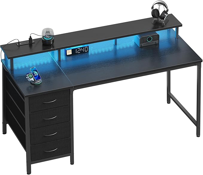 DUMOS Computer Desk with 4 Drawers,4 Drawer Gaming Desk with with Power Outlets and LED Lights,Office Desk for Small Spaces with Monitor Shelf,Writing Desk for Home Office, Bedroom,Study 39 Inch Black
