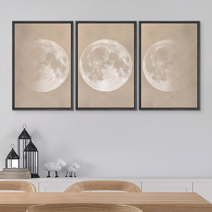 SIGNWIN Framed Canvas Print Wall Art Full Moon Minimalist Beige and Black Toned Lunar Nature Wilderness Modern Art Cool for Living Room, Bedroom, Office - 16"x24"x3 Black