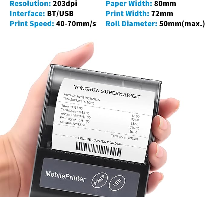 Portable BT 80mm Thermal Receipt Printer Mini Bill POS Mobile Printer with Reable Battery Port ESC/POS Compatible with Android iOS Windows for Restaurant ermarket Kitchen Office