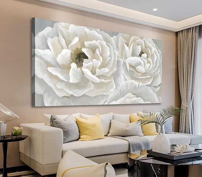 arteWOODS Cream White Flowers Wall Art - Soft Peony Pictures for Wall Decor Elegant Blossom Flower Painting Artwork Botanical Prints for Living Room Home Office Wall Decoration 24" x 48"