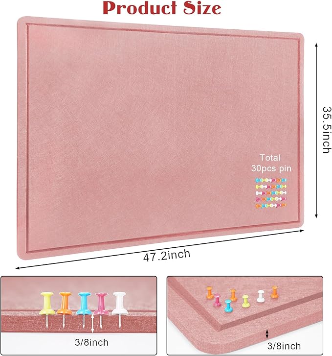 Large Bulletin Board - 48 X 36 inches Decorative Felt Pin Board - 4' x 3' Cork Board Alternative for Wall - Foldable Photo Board Self-Adhesive Vision Board Prayer Board with 30 Pushpins - Pink
