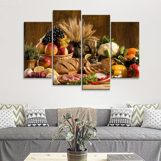 4 Pieces Kitchen Wall Art - Food and Fruit Pictures for Dining Room Decor (48''W x 32''H)