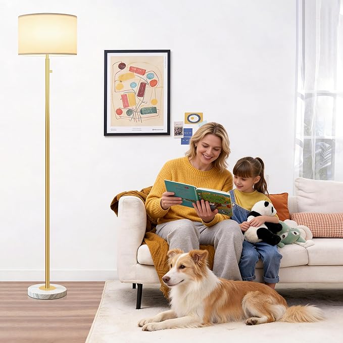 Floor Lamps for Living Room–LED Bulb Included,Dimmable Floor Lamp with Linen Shade,Modern Standing Lamp with Marble Base,Tall Floor Lamp for Bedroom,Nursery,Reading & Office,Gold
