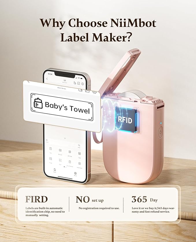 NIIMBOT 300 DPI D11 Label Maker Machine with 1 Tape, Mini Portable Label Printer, Bluetooth Thermal Label Printer Sticker Labeler for Office Home Kitchen School Organization, Pink