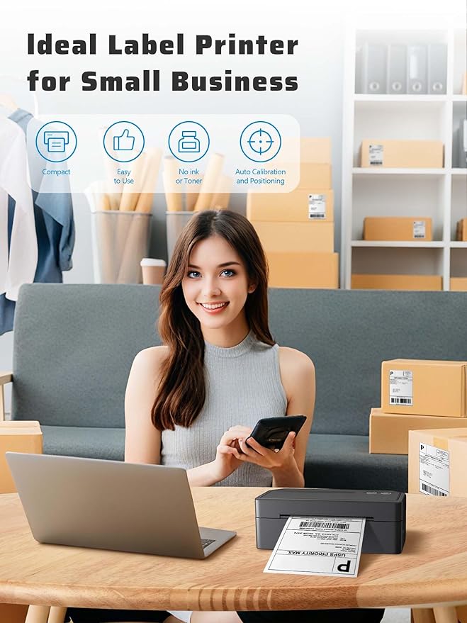 Shipping Label Printer 4x6 Bluetooth Thermal Label Printer for Small Business, Warehouse or Home Office, Compatible with Windows iOS Android Mac, USPS Amazon Etsy
