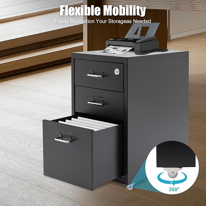 3 Drawer Vertical File Cabinet, Filing Cabinets for Home Office, Metal Vertical File Storage Cabinet with Lock, Locking File Cabinet for Office, Study, Dresser, 11" W x 16" D x 18.3" H, Black (Black)