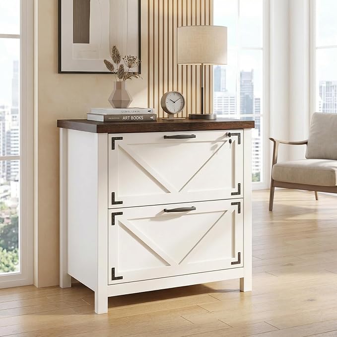 2 Drawers Lateral File Cabinet for Home Office,Farmhouse Wood File Storage Cabinets for Letter/Legal/A4 Size Hanging Files, White
