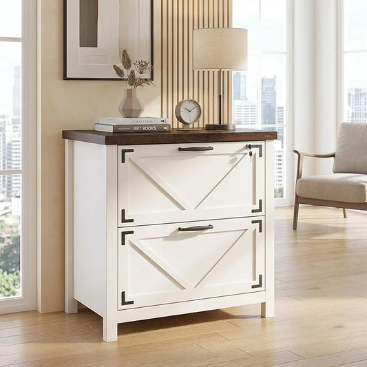 2 Drawers Lateral File Cabinet for Home Office,Farmhouse Wood File Storage Cabinets for Letter/Legal/A4 Size Hanging Files, White