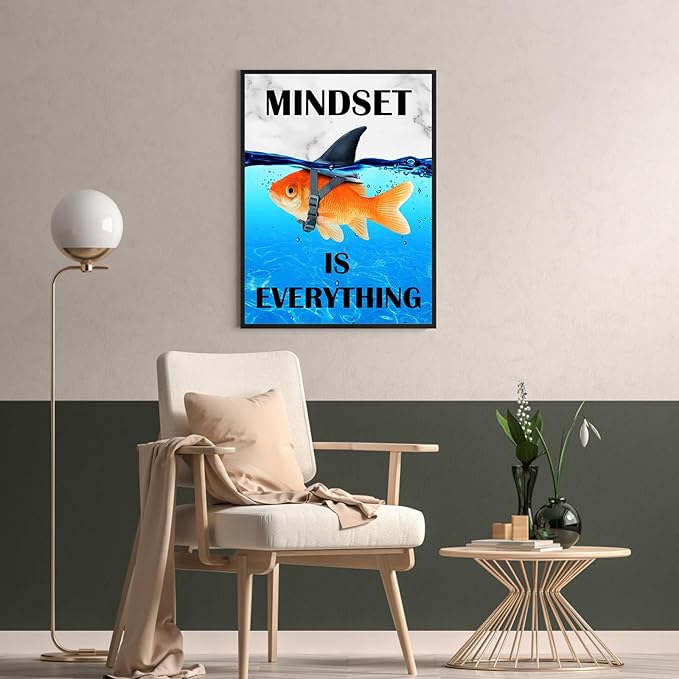 Mindset Is Everything Wall Art:Motivational Wall Decor for Office,Goldfish Prints Posters Inspirational Wall Art Framed,Uplifting Self Improvement Positive Quote Home Office Wall Art 12"x15"