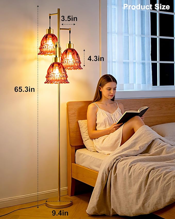 Lightdot 3-Lights Glass Floor Lamp Dimmable Gold Floor Lamp with Deep Red Glass Shade 3000K Bulbs Included Unique Modern Standing Tall Lamp for Living Room/Bedroom/Sofa Beside/Corner Decor