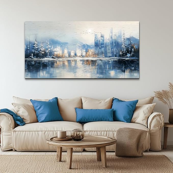 QIYILEXWART Canvas Wall Art For Living Room Large Wall Decor For Office Bedroom Decorations The Blue Lake Pictures Stretched And Framed Watercolour Abstract Painting Artwork Room Ready To Hang