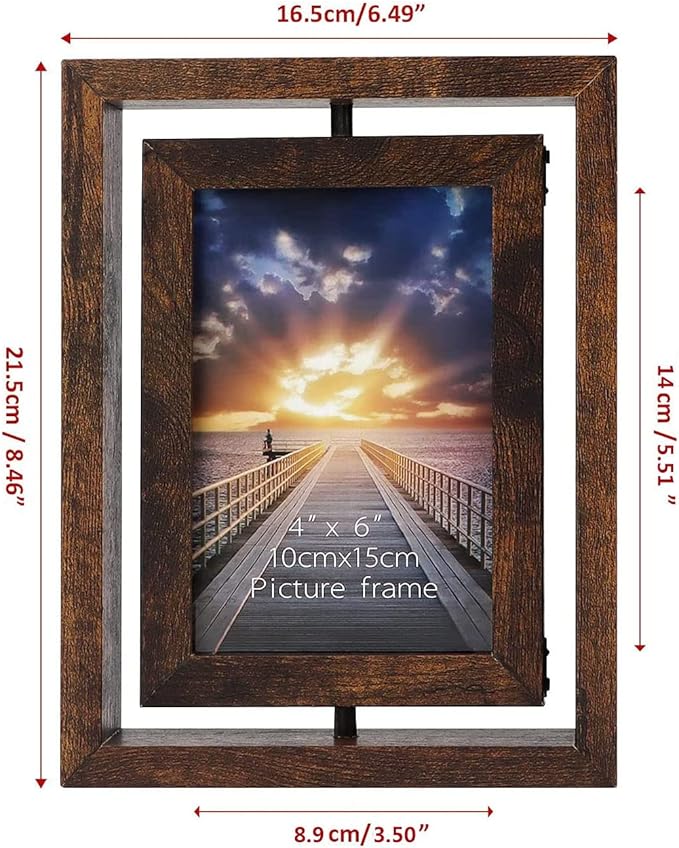 EXYGLO 2 Pack 4x6 Rustic Rotating Floating Picture Frames, Photo Frames for Vertical or Horizontal Tabletop Display, Brown