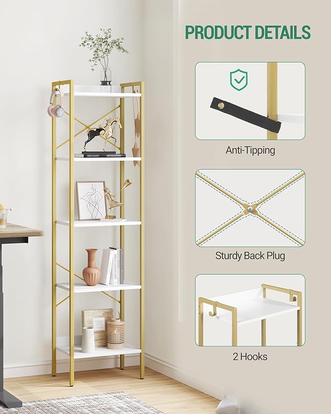Bookshelf, Book Shelf, Industrial Bookcase with 2 Hooks, Coner Shelf Storage Organizer for Home Office, Living Room, Bedroom, Kitchen, 5-Tier White Gold BC10513G