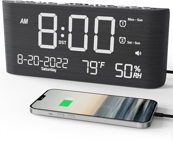 Raynic Alarm Clock, 8.7 Inch Digital Clock, Alarm Clock with USB and Type-C Charger,Dual Alarms,Temperature, Humidity,Date, 5 Adjustable Volume and 5 Dimmer for Bedroom Living Room Office (Grey)