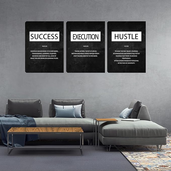Unbruvo Motivational Canvas Wall Art - 3 Panel Inspirational Quotes Wall Decor, Hustle Success Office Decor, Positive Saying Poster for Living Room, Bedroom, Classroom(48x24 inch)