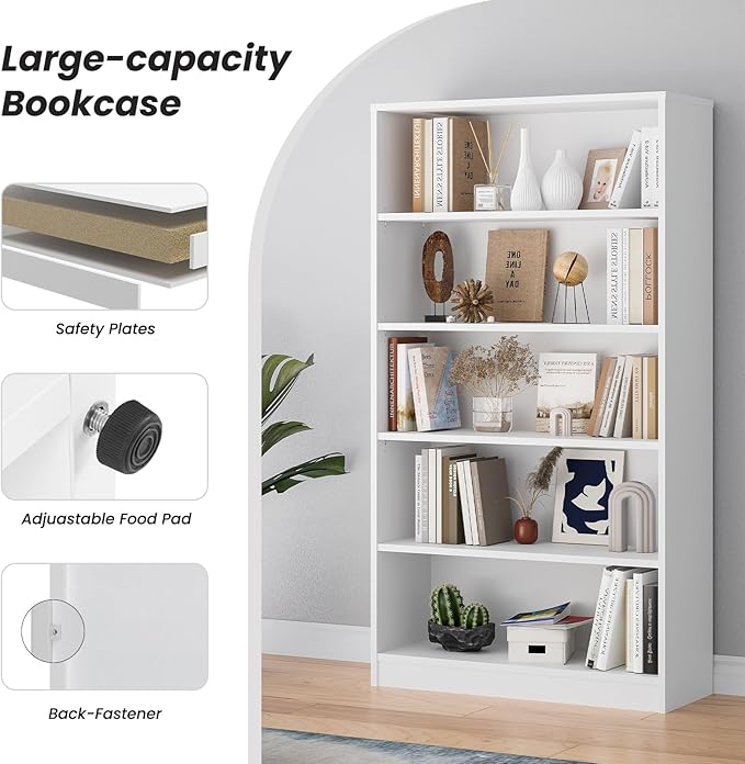 Bookcase Adjustable Storage Shelves,48-Inch Bookshelf,4-Tier Modern Wood Bookcase for Bedroom, Office, Living Room & Library(White)