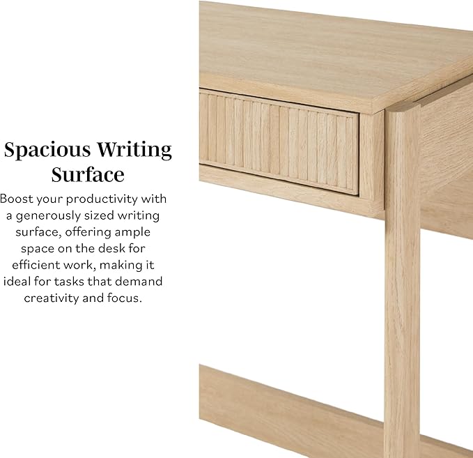Walker Edison Transitional Office Design, Reeded Drawer Front Detail, Writing Desk with Drawer, Spacious Desktop, Complementary in Living Spaces, 38 Inch, Coastal Oak