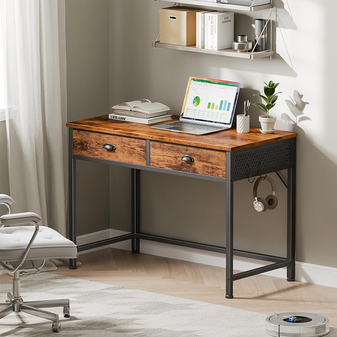 Furologee Small Computer Desk with 2 Fabric Drawers, 40 Inch Simple Home Office Desk, Writing Desk with Hooks, Study Table for Working Small Spaces, Makeup Desk for Bedroom, Rustic Brown