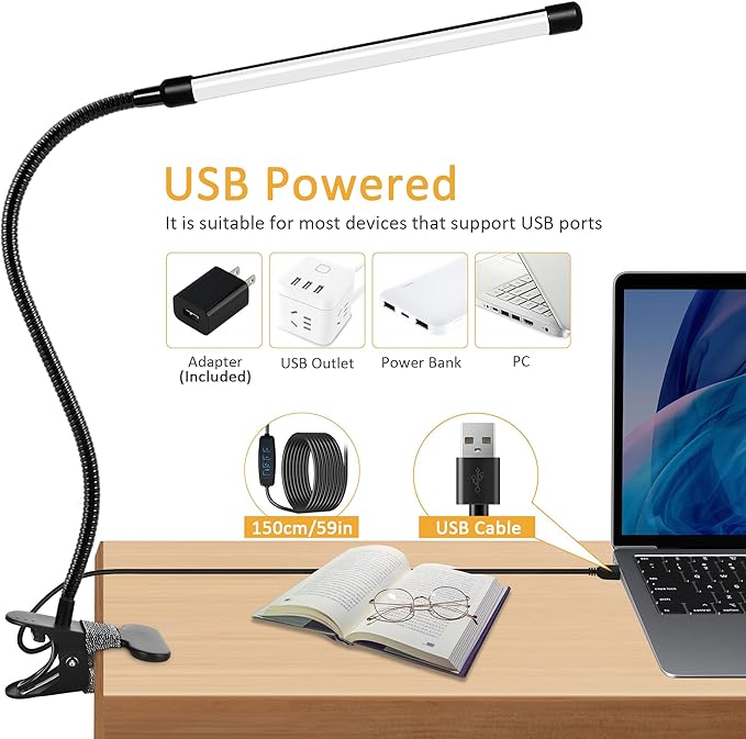 LED Clip on Light 8W Reading Lights for Books in Bed, Adjustable 3 Modes 10 Brightness Dimmable Clamp Lamp, Flexible Book Light Clip on for Bed Workbench Drafting, 580LM, USB Adapter Included