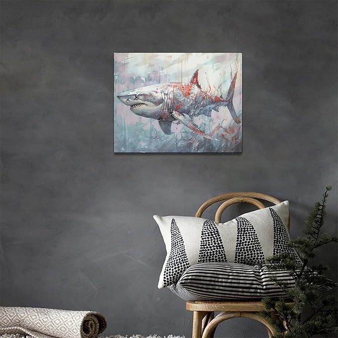 yerretin Ocean Shark Wall Art Nautical Shark Pictures Wall Decor Beach Coastal Undersea Canvas Painting Modern Artwork Home Decorations for Bathroom Bedroom Living Room Office Framed 16"x12"