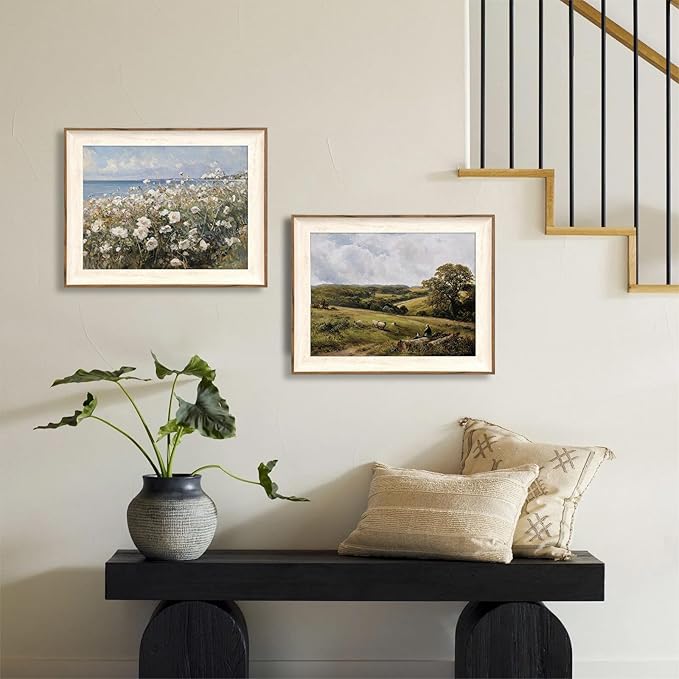 ASTRDECOR Framed Canvas Wall Art Room Decor, Vintage Landscape Wall Art for Home Decor Aesthetic Artwork, Coastal Scenery Nature Rustic Farmhouse Wall Decor for Living Room, White Wildflowers Oil Painting Pictures Bathroom Wall Decor- 12''x16''