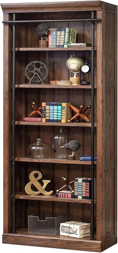Martin Furniture Avondale 120" W Contemporary Wood Bookcase Wall with Ladder Storage Organizer Display, 5 Adjustable Shelves, Ringed Steel Frame, Fully Assembled, in Brown Finish