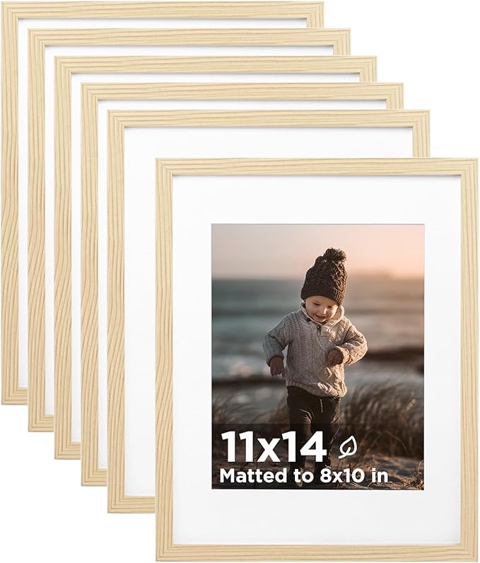 KINLINK 11x14 Picture Frame Set of 6, Wooden 14x11 Photo Frames with Plexiglass for 8x10 Picture with Mat or 11x14 Without Mat, Collage for Wall Gallery and Tabletop Display, 11 x 14 Frame Wood Grain